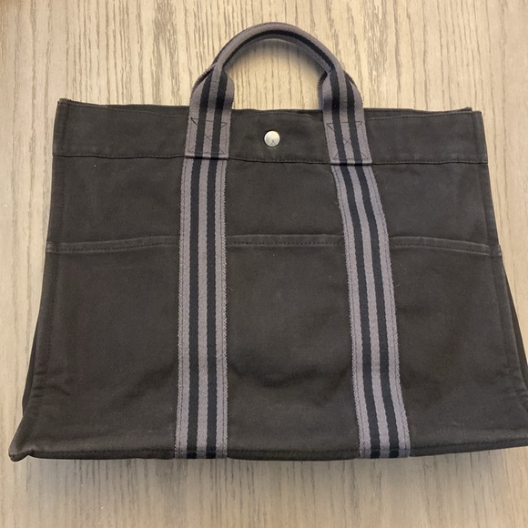HERMÈS Canvas Fourre Tout Bag Cotton Canvas Tote Bag Black Gray - Picture 4 of 12